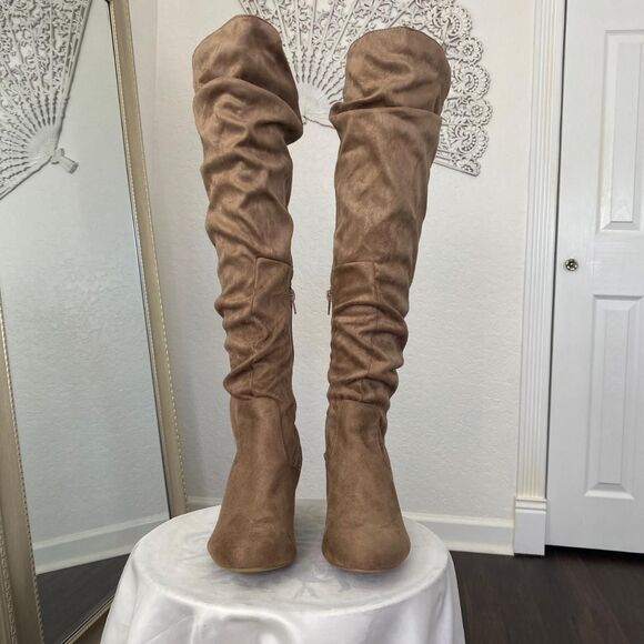 Faux Suede Slouchy Tan Brown Boho Bohochic Over The Knee Boots Block Heel US 7.5 - Picture 4 of 8